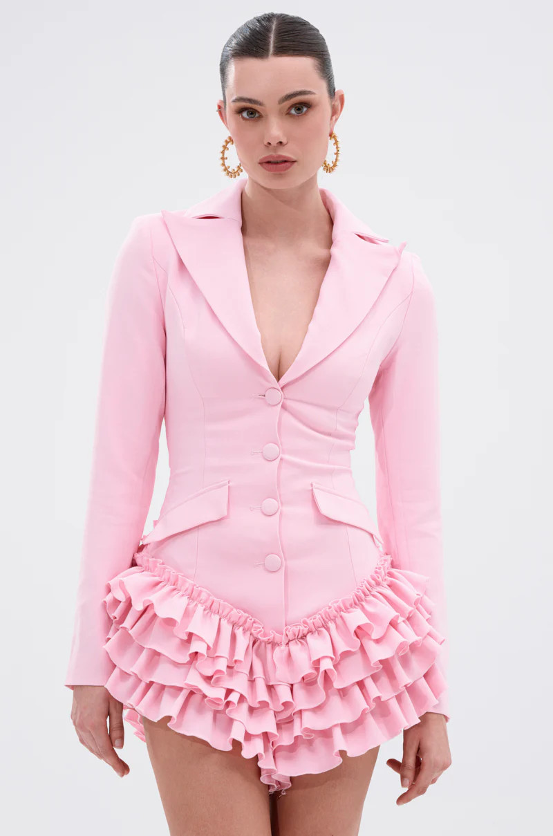 STRICTLY BUSINESS BLAZER ROMPER IN PINK | AKIRA