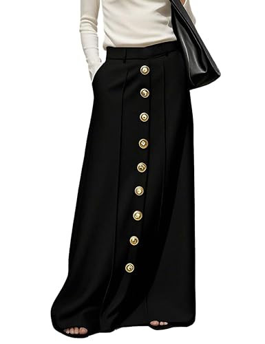 oshoplive Women's High Waisted Maxi Skirts with Pockets, Elegant Solid Color Floor Length H Line Button Front Long Skirt Black M | Amazon (US)