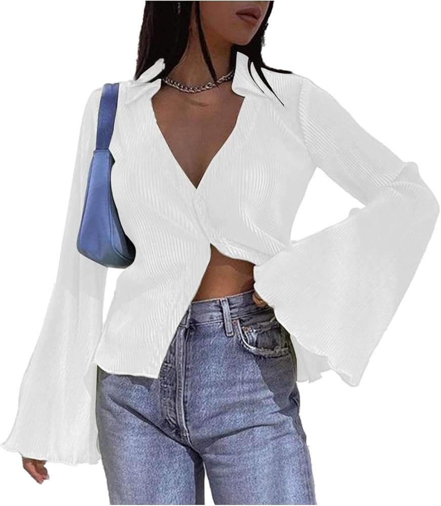 LYANER Women's Deep V Neck Button Front Bell Long Sleeve Blouse Shirt Top | Amazon (US)