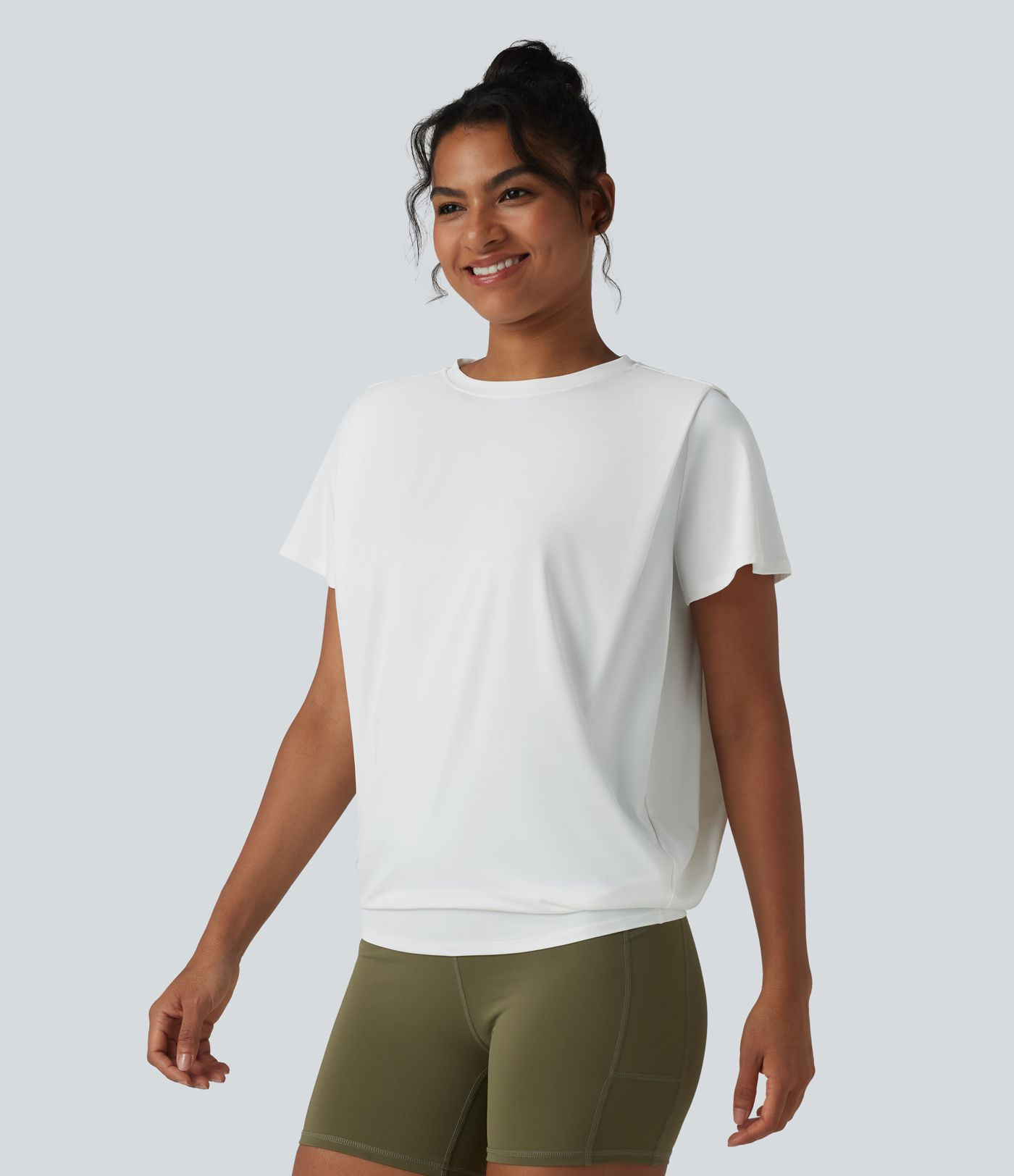 Women\u2019s Round Neck Short Sleeve Ruched Cool Touch Yoga Sports Top-UPF50+ - Halara | HALARA