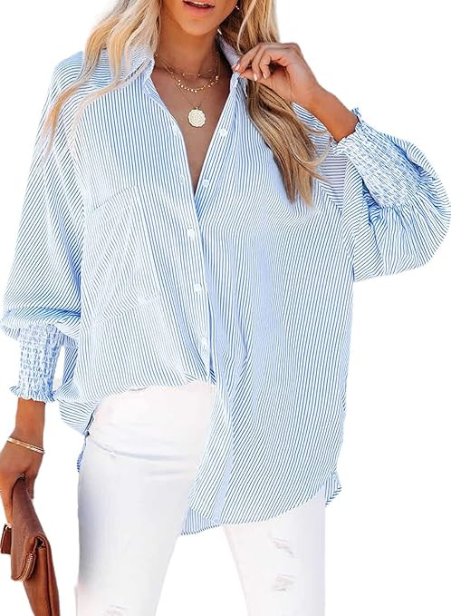 Womens Smocked Cuffed Striped Boyfriend Shirt Casual Collar Long Sleeve Oversized Button Down Blo... | Amazon (US)