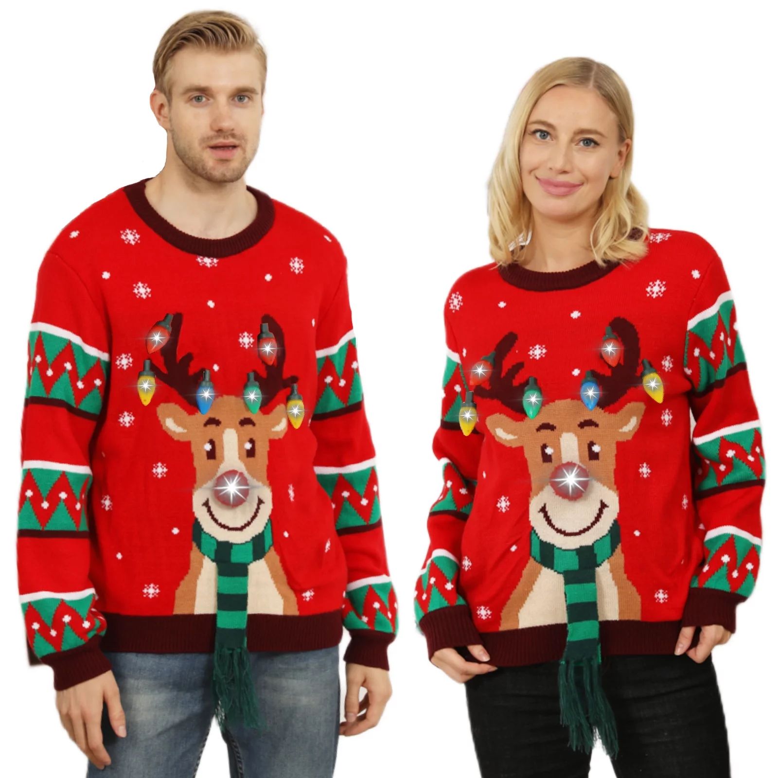 LED Ugly Christmas Sweater for Women Men-Light up Funny XMAS Holiday Sweaters Unisex Reindeer Cou... | Walmart (US)