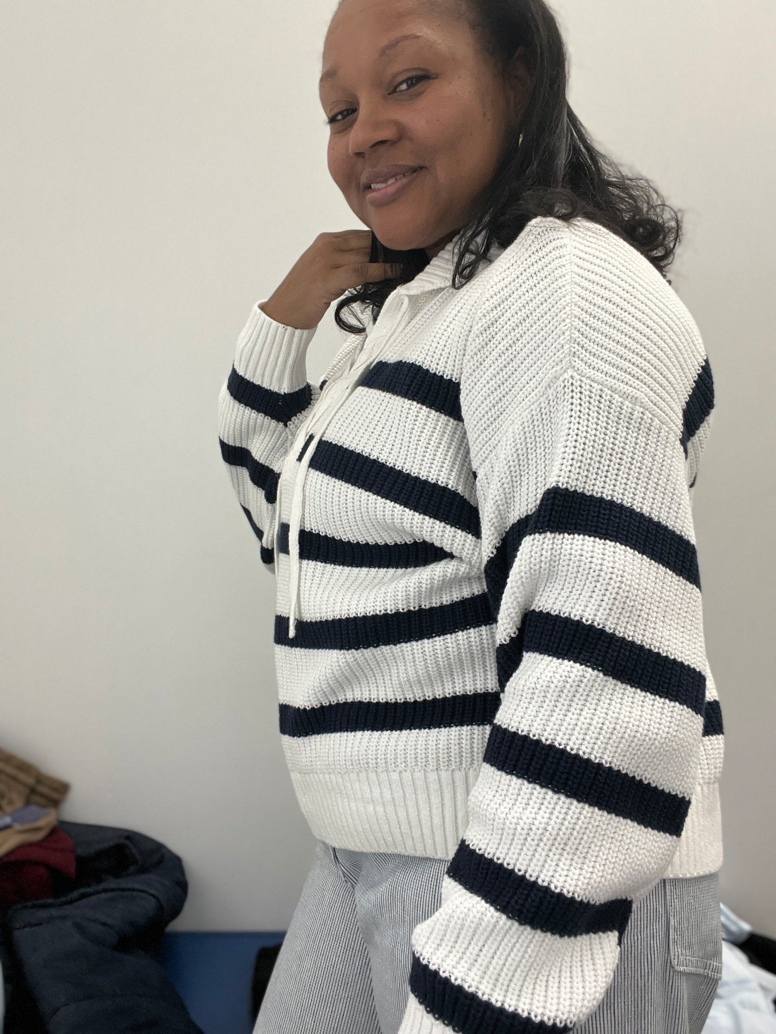 New arrival at Old Navy!! Navy stripe Seaside Cotton Lace-Up Collar Sweater! Also wearing High-Waisted Baggy Barrel Jeans 👖 

#LTKFindsUnder50 #LTKOver40 #LTKMidsize