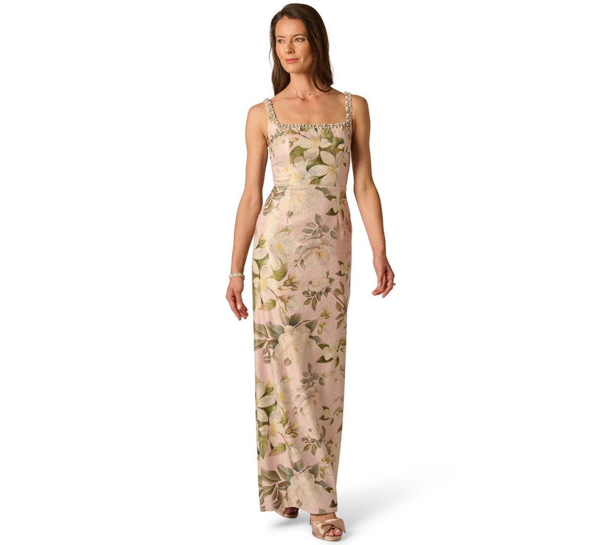 Adrianna Papell Women's Printed Jacquard Bead Square Neck Column Dress - BLUSH MULTI | Macy's