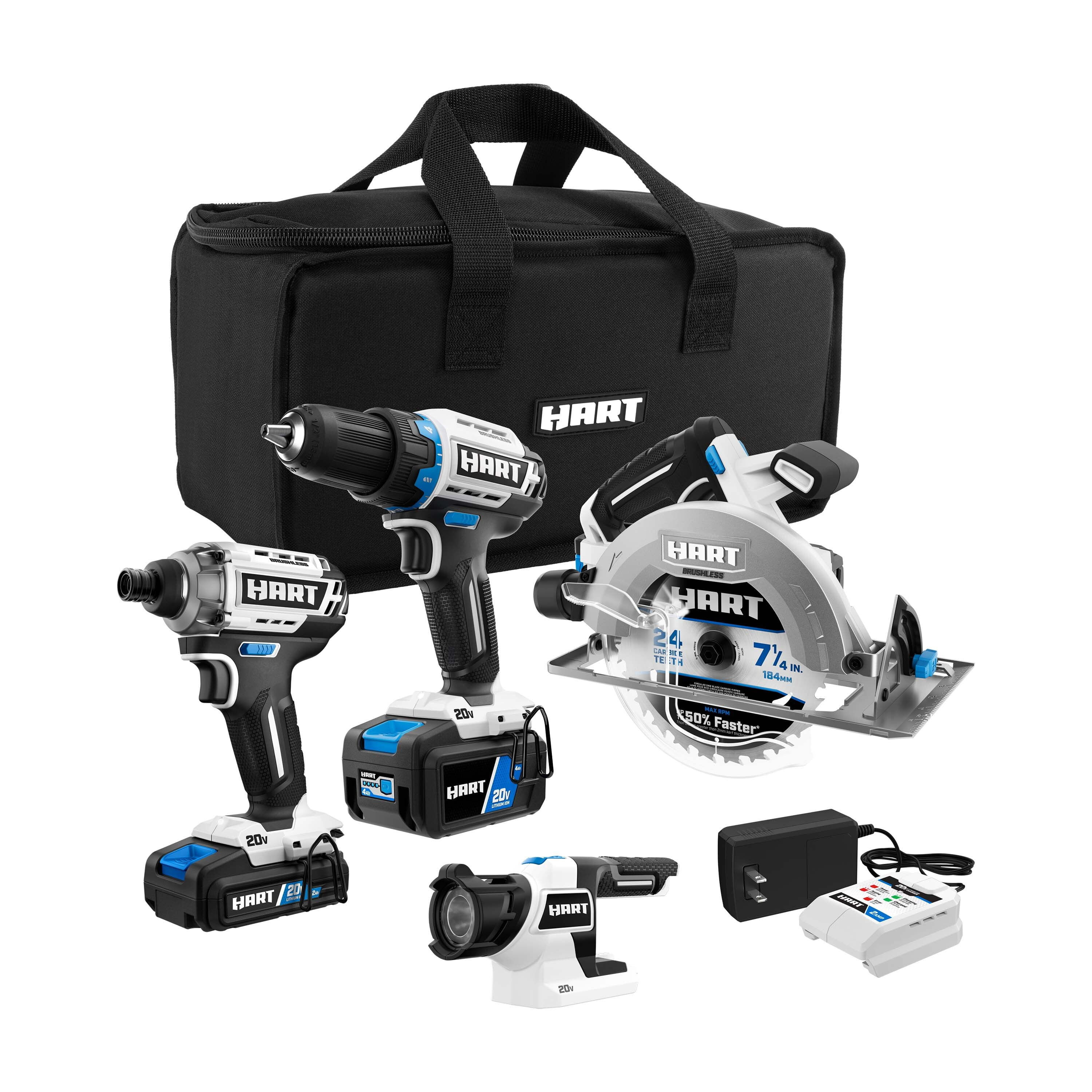 HART 20-Volts 4-Tool Brushless Combo Kit, (1)2.0Ah Lithium-Ion Battery (1)4.0Ah Lithium-Ion Batte... | Walmart (US)