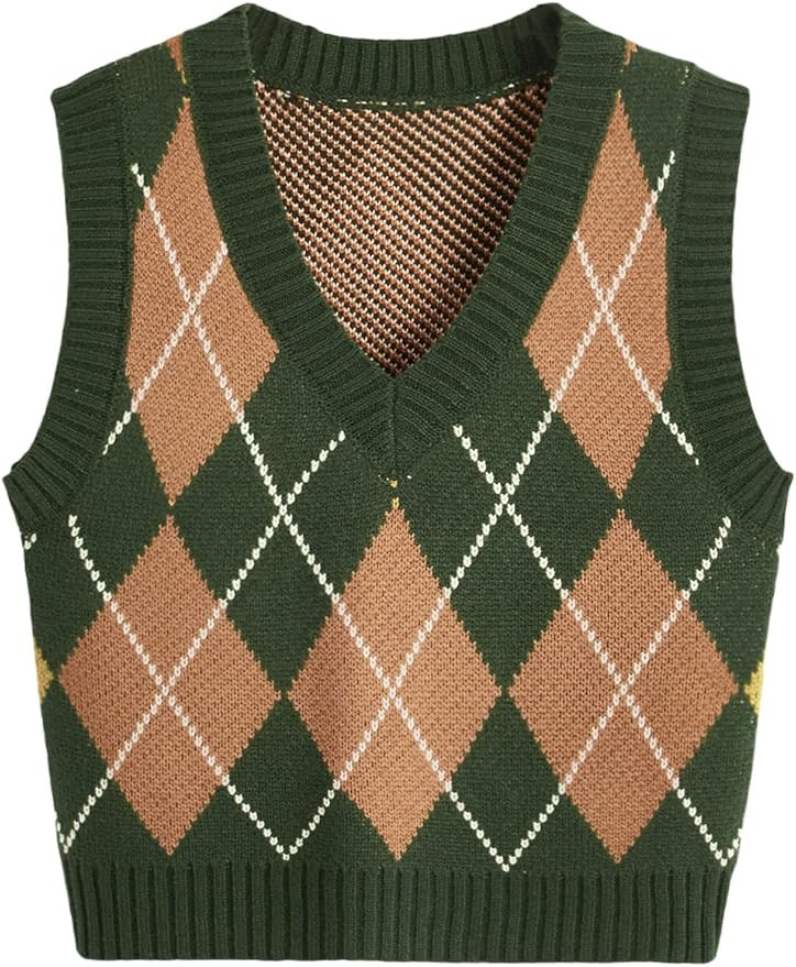 SweatyRocks Women's Plaid Geo Sleeveless V Neck Knit Crop Top Sweater Vest | Amazon (US)