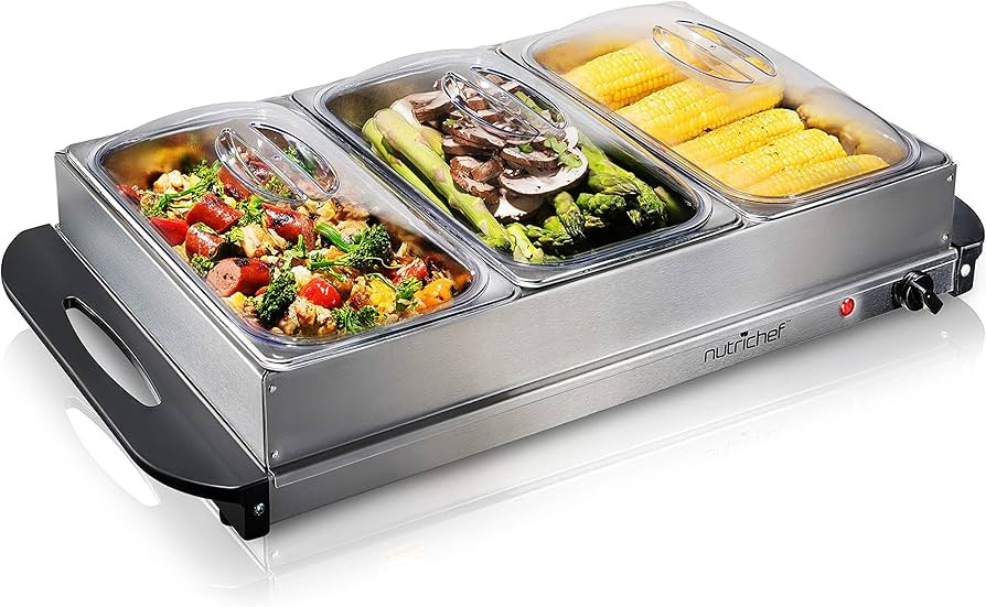 Nutrichef Professional Stainless Steel Buffet Warmer Server with 3 Trays | Portable Hot Plate Foo... | Amazon (US)