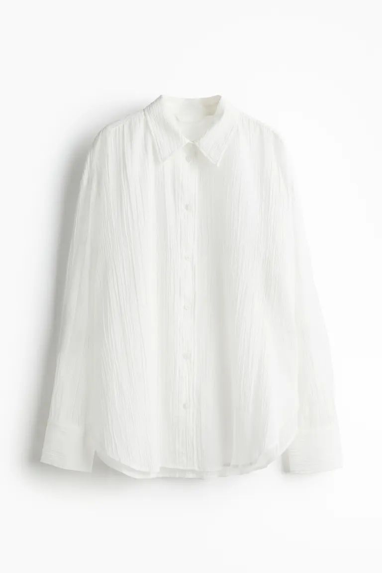 Crinkled cotton shirt - Long sleeve - Regular length - White - Ladies | H&M GB | H&M (UK, MY, IN, SG, PH, TW, HK)