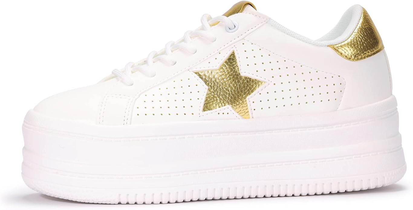 BELOS Fashion Platform Women Sneakers Faux Suede Stars Holographic Rainbow Walking Shoes | Amazon (US)