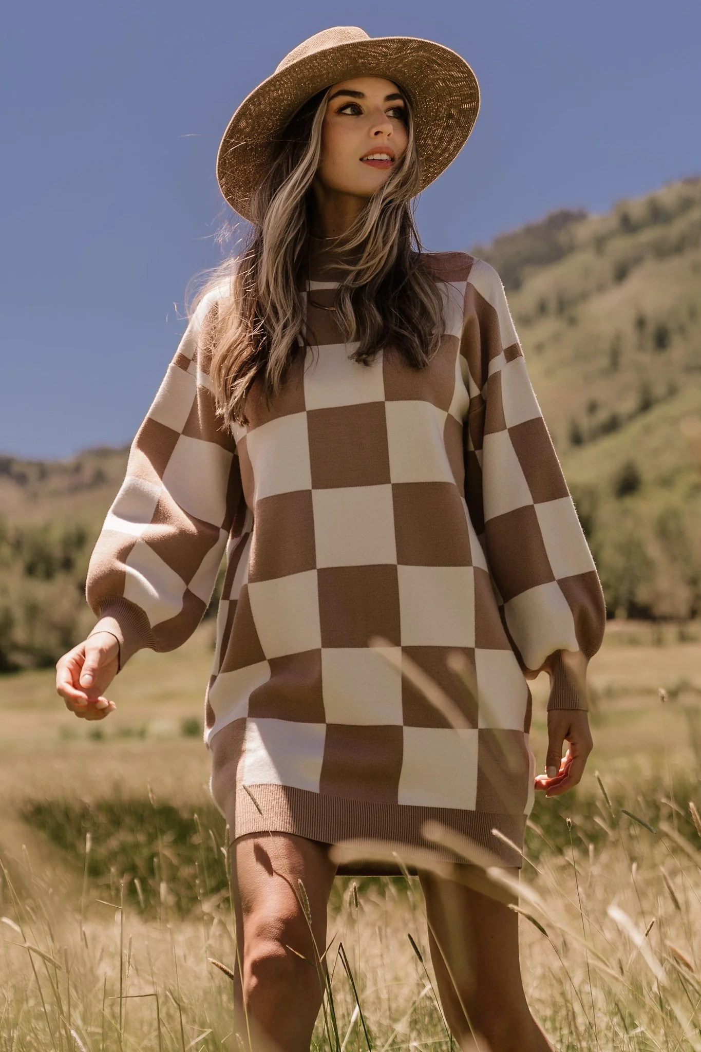 Mattie Checkered Sweater Dress | Taupe | Baltic Born