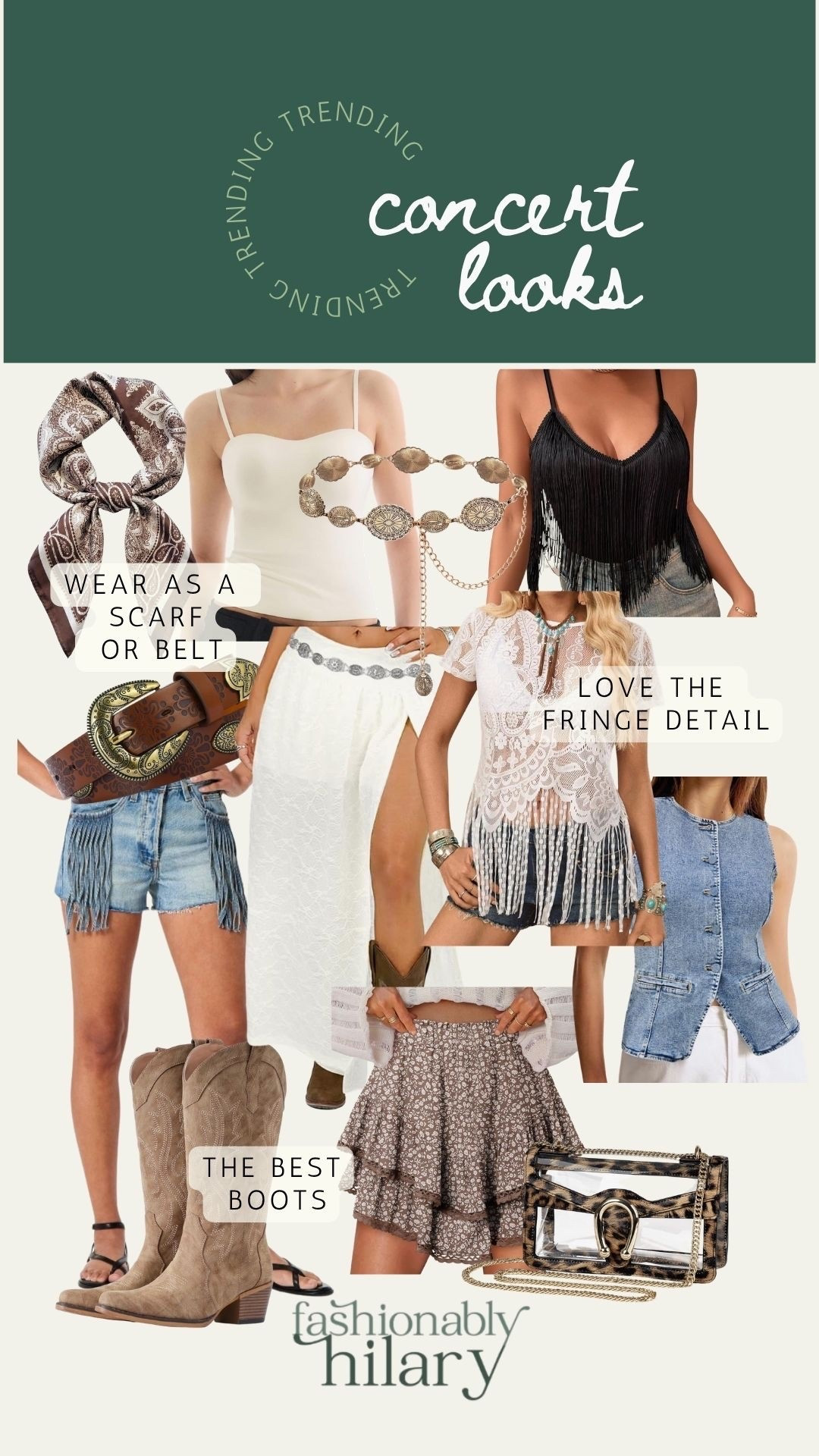 There are so many cute country concert looks right now, and I’m obsessing over the fringe on these. 
I mean, how dang cute are the details on these denim shorts from Target (also, they are on sale right now)! 
Denim vest with flowy floral skirt; white strapless corset tank with fringe shorts, western scarf & belt; flowy, boho maxi skirt with fringe top & tall cowboy boots

#LTKMidsize #LTKPetite #LTKSeasonal