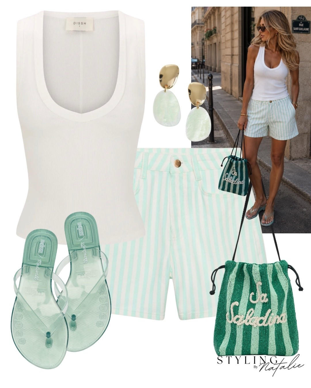 White scoop neck tank top, mint and white stripe
Mom shorts, beaded turquoise stripe bag, turquoise jelly flip flops.
Summer outfit, holiday look, vacation, resort wear, casual chic, elevated casual, everyday outfit, heatwave style, day wear, denim shorts, jean shorts, Madewell, Zara, dishh @DISSH @Madewell @Zara

#LTKsummer #LTKuk #LTKmidsize
