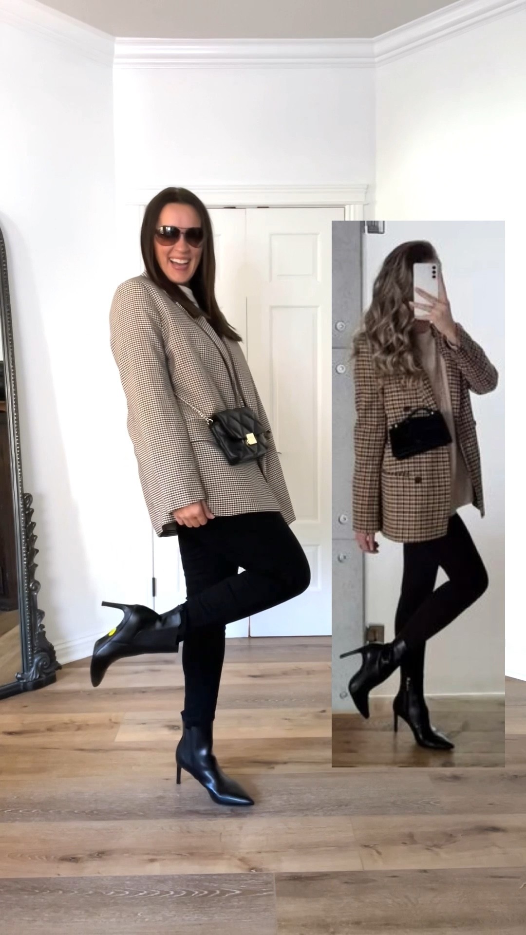 The easy outfit formula with a blazer and your favorite guy’s sweatshirt!

Blazer-oversized, wearing small
Sweatshirt-mens sizing, wearing large but should have done a medium. 
Jean leggings-size up, wearing Spanx
Boots-run true to size. Great and affordable stiletto heel bootie option 

Workwear | Target style | Spanx leggings |Spanx denim | tj Maxx | black booties | black boots | plaid blazer | H&M blazer 

#LTKunder100 #LTKunder50 #LTKstyletip