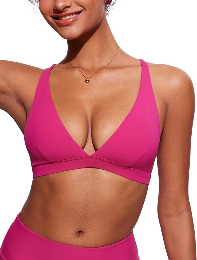 CRZ YOGA Deep V Neck Bikini Tops for Women - Padded Criss Cross Back Triangle Sexy Swim Bathing S... | Amazon (US)