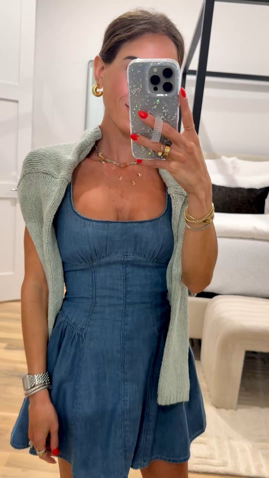 Pairing this adorable chambray flare dress petite friendly with a mint green cardigan draped over. Size xxs petite so cute on 

#LTKPetite #LTKootd #LTKSaleAlert