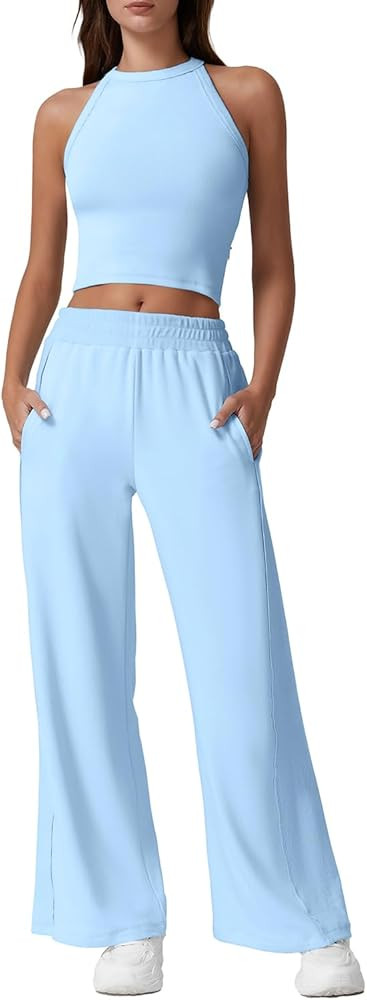 QINSEN Women's 2 Piece Sets Summer Ribbed Knit Crop Tank Tops Wide Leg Pants Sleeveless Tracksuit | Amazon (US)