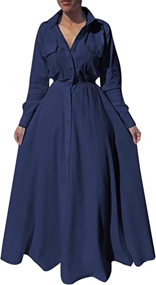 VONDA Women Long Sleeve Maxi Dresses Full Length Button Shirt Dress with Asymmetric Hem Casual Long  | Amazon (UK)