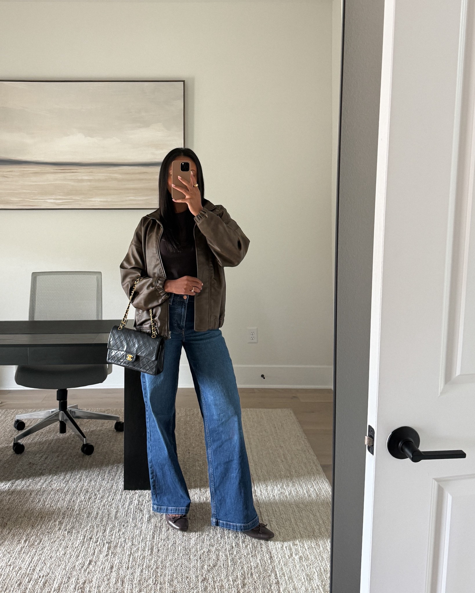 Brown faux-leather jacket (wearing a large) | outfit of the day, high rise wide-leg jeans, brown ballet flats outfit, chanel bag outfit, casual outfit, neutral fashion 

#LTKgrwm #LTKootd