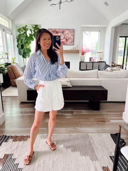 Summer outfit with striped button down paired with white linen shorts and sandals for a chic look. Love this for casual work from home, summer outfits, lunches and more! Super flattering on and nursing friendly. Wearing size XS in the top and size 24 in the bottoms 

#LTKStyleTip #LTKSeasonal