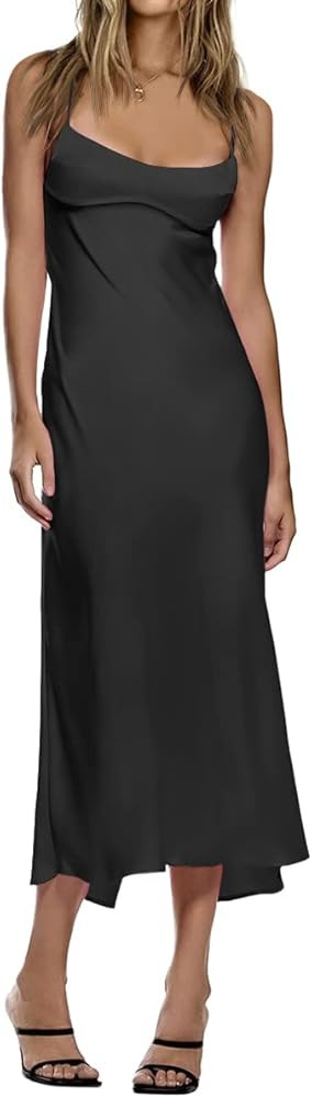 LILLUSORY Womens Corset Satin Silk Spaghetti Midi Dresses Bodycon Backless Strap Cutout Dress | Amazon (US)