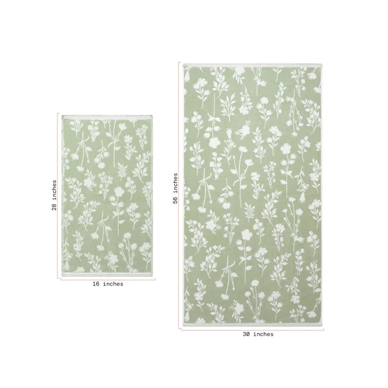 Beautiful by Drew Barrymore 4-Piece Floral Bath Towel Set, 100% Cotton, Sage Green | Walmart (US)
