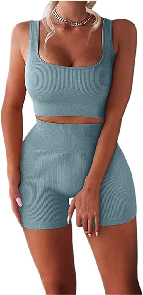 HAODIAN Womens Workout Outfits 2 Piece Seamless Ribbed Crop Tank High Waist Biker Shorts Yoga Gym... | Amazon (US)