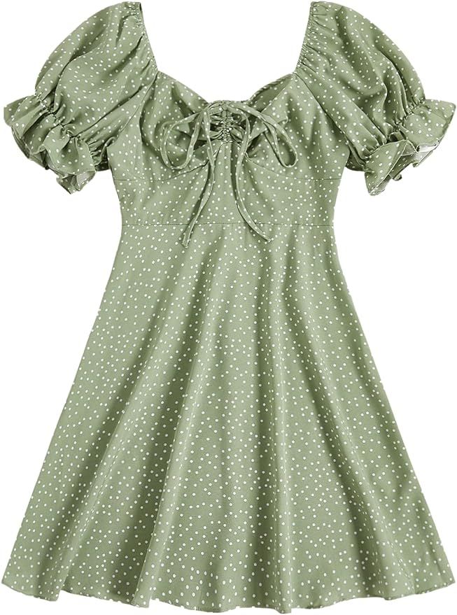 Floerns Women's Summer Drawstring Sweetheart Neck Puff Sleeve A Line Short Dress | Amazon (US)