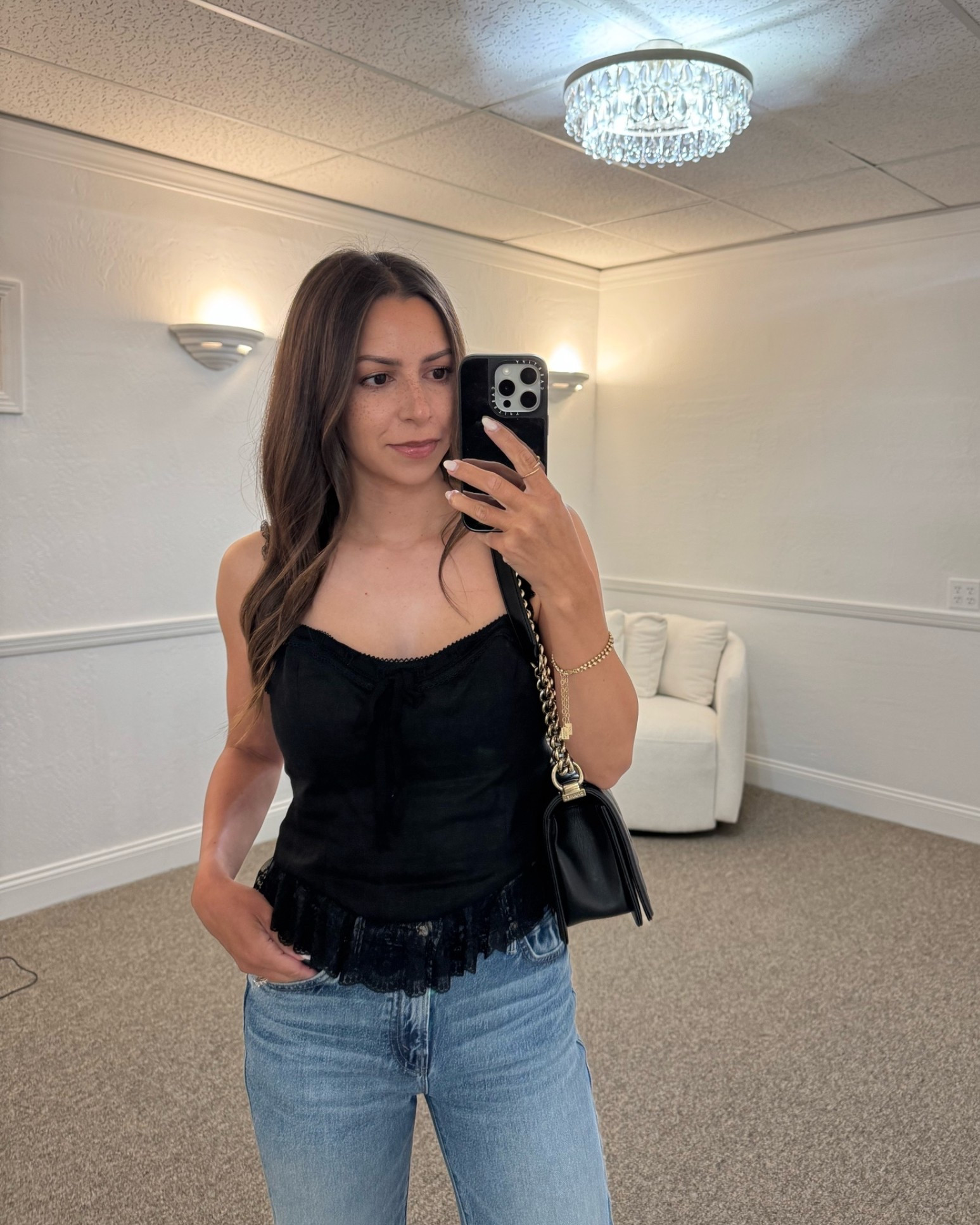 Date night outfit
Mother jeans- 24
@Reformation  top- 6
YSL heels
Chanel boy bag

Petite, petite jeans, black lace top, straight leg jeans, spring outfit

#LTKootd #LTKPetite #LTKSeasonal