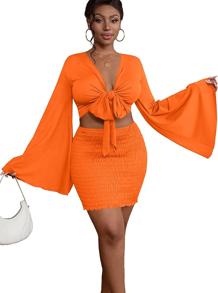 Women 2 Piece Vacation Outfits Tie Knot Front Bell Long Sleeve Crop Top and Mini Skirt Summer Set | Amazon (US)