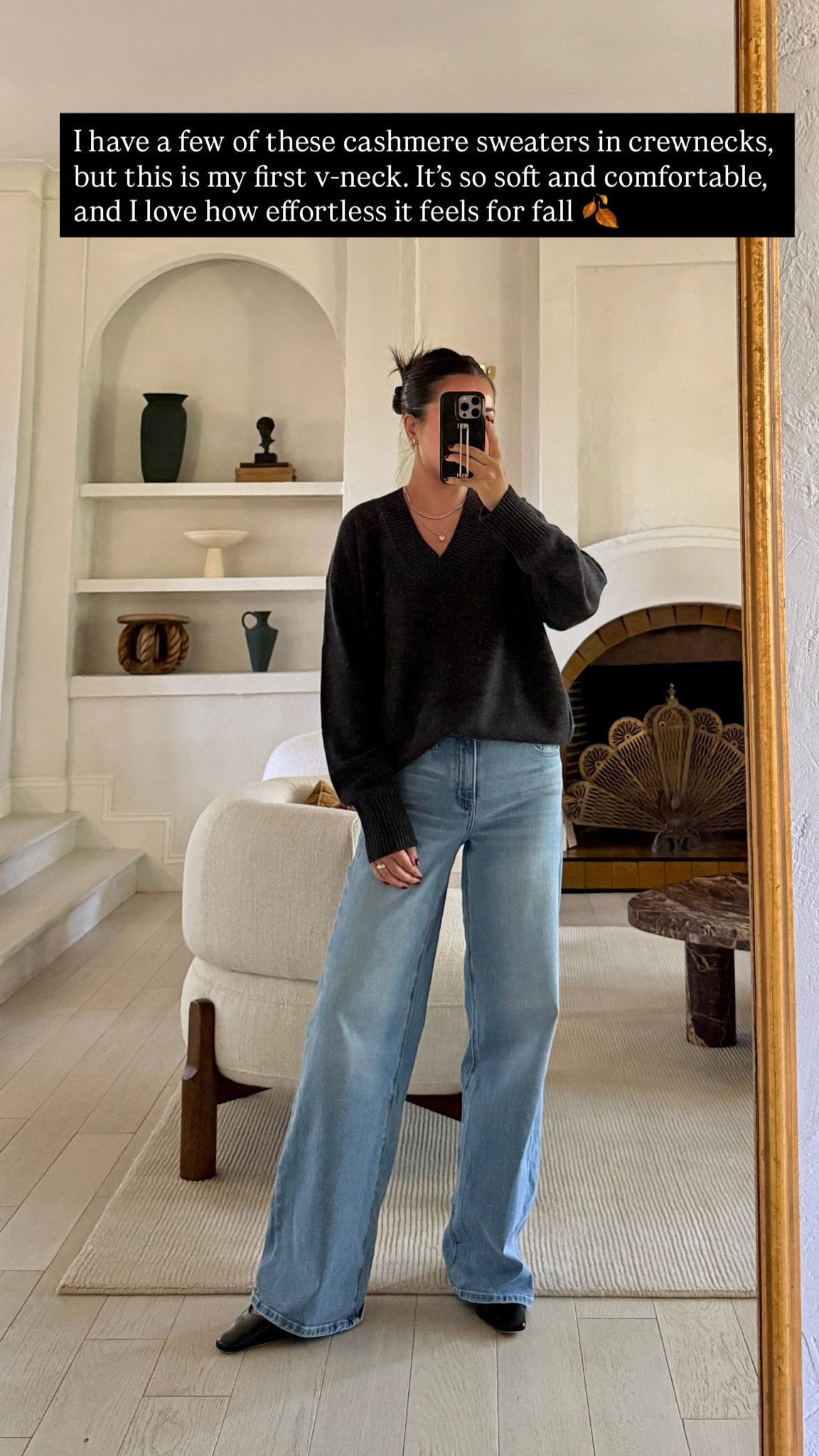For size reference, I’m 5 ft 115 pounds and wearing the sizes below:

SWEATER: Affordable cashmere and I’m wearing a size XS. Great comfortable fit. 

JEANS: Stretchy but does not lose shape. Very comfortable for midsection/postpartum tummy! Flattering wide/straight leg shape. I’m wearing 26x30, color ‘Frosted Blue’. Length is great with sneakers and kitten heels.

SHOES: super comfortable and I find them all TTS.

@Quince #quincepartner