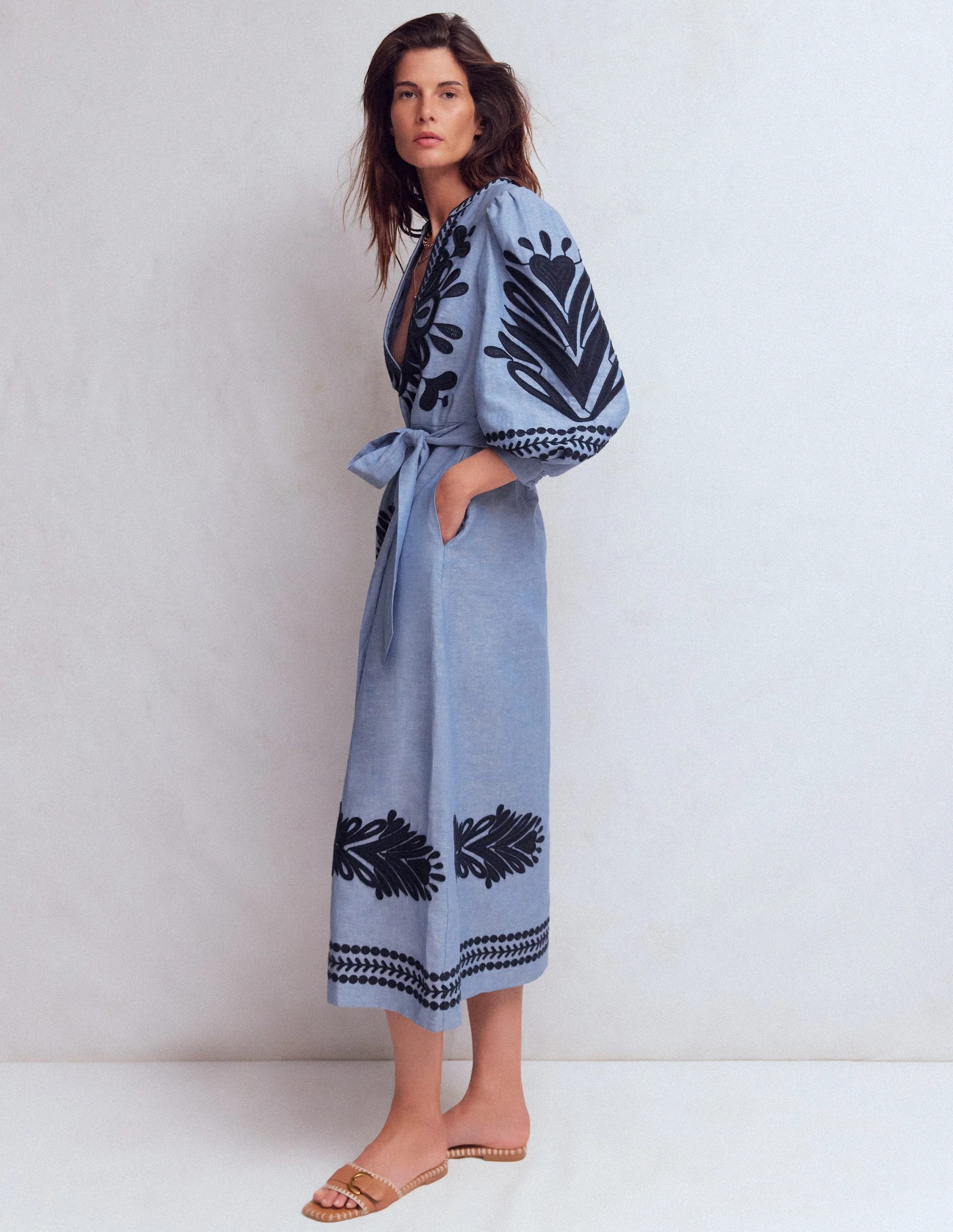 Octavia Linen Blend Dress-Embroidered Chambray | Boden (US)
