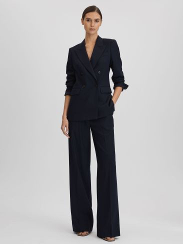 Reiss Navy Harley Wool Blend Wide Leg Suit Trousers | Reiss UK