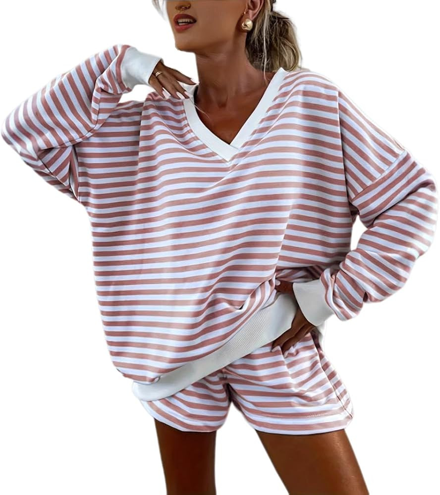 Melliflo Women 2 Piece Outfits Lounge Sets Striped Print Long Sleeve V Neck Sweatshirt and Shorts... | Amazon (US)