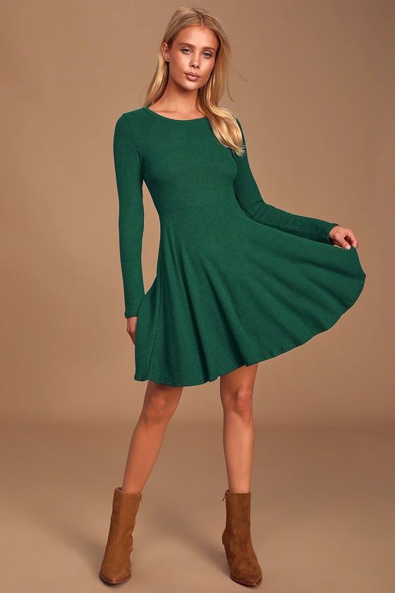 Fit and Fair Hunter Green Ribbed Knit Long Sleeve Skater Dress | Lulus (US)