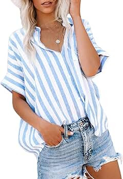 Womens Casual V Neck Striped Cuffed Sleeve Button Down Collar Blouses Shirts | Amazon (US)