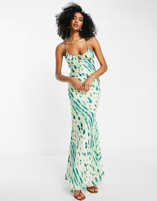 ASOS DESIGN bias maxi slip dress with scoop neck in satin abstract animal print | ASOS (Global)