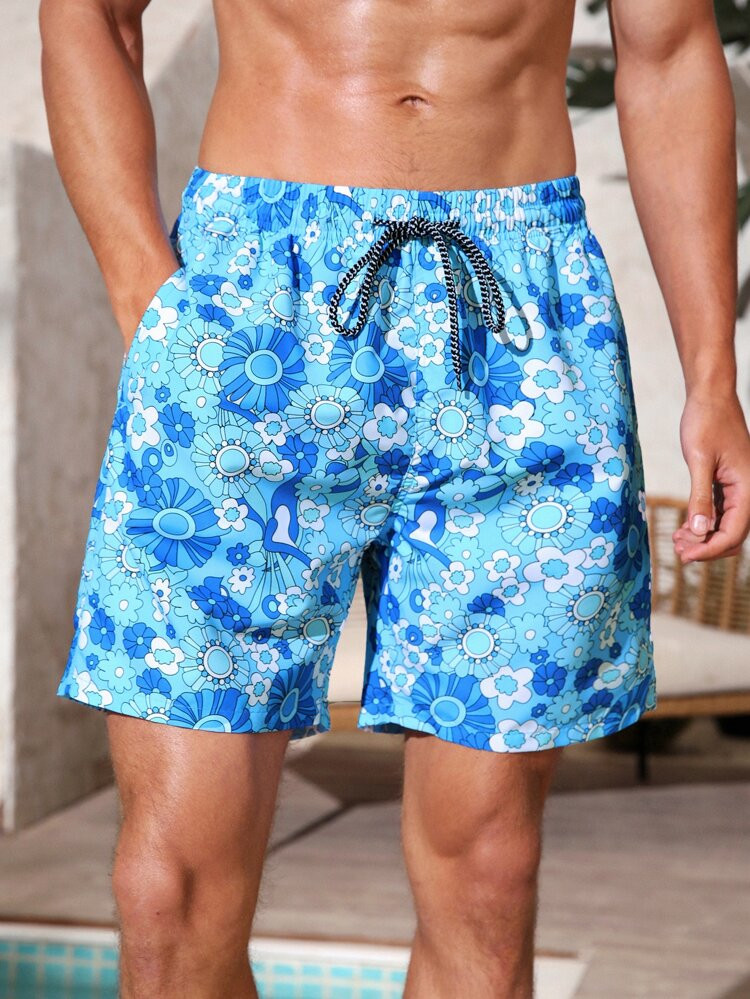 Men Allover Floral Print Drawstring Waist Swim Trunks | SHEIN