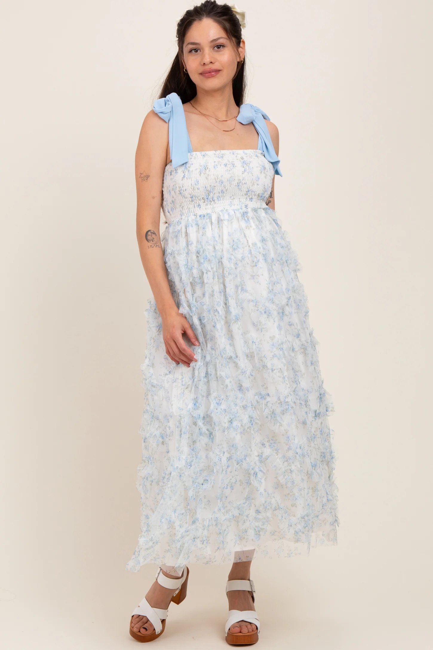 Light Blue Floral Smocked Shoulder Tie Ruffled Maternity Midi Dress | PinkBlush Maternity