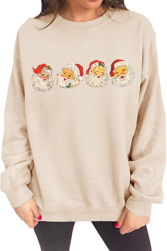 IZYJOY Women Christmas Santa Sweatshirt Retro Santa Claus Pullover Oversized Top Crewneck Long Sl... | Amazon (US)