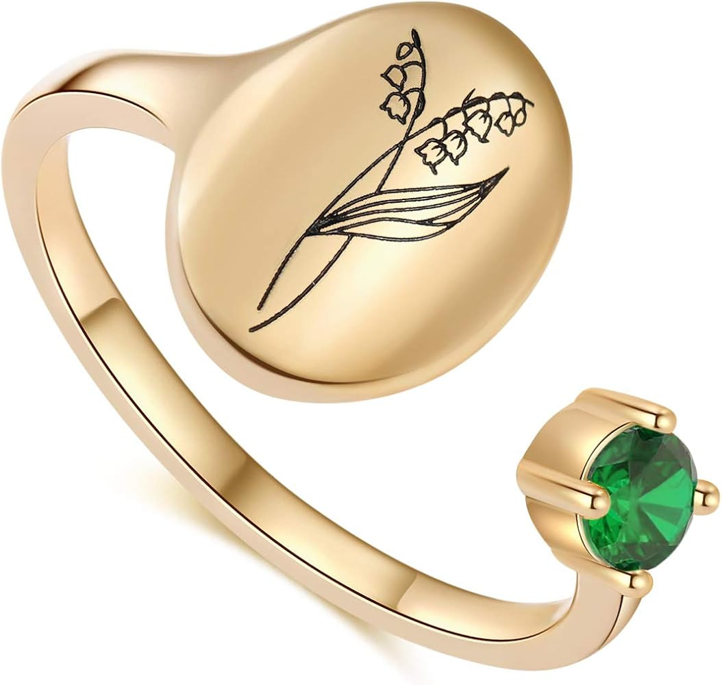 SLOONG Handmade Birth Month Flower Signet Ring 14K Gold Plated Ring Birth Stone Ring Birthday Val... | Amazon (US)