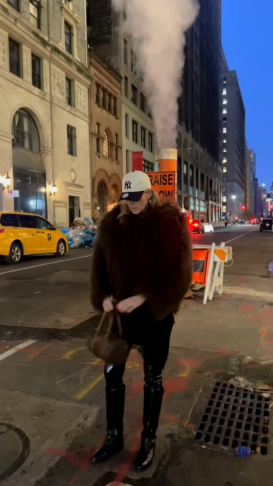 Mongolian fur coat, shaggy coat, wet look leggings, slip dress, Louis Vuitton bag, cross earrings 

#LTKeurope #LTKstyletip #LTKwinter