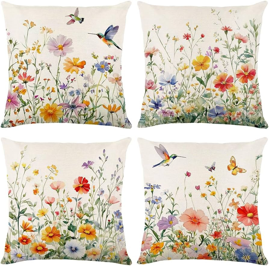 Yuubin Spring Summer Floral Wild Plant Throw Pillow Covers 18x18 Inch Hummingbird Colorful Linen ... | Amazon (US)
