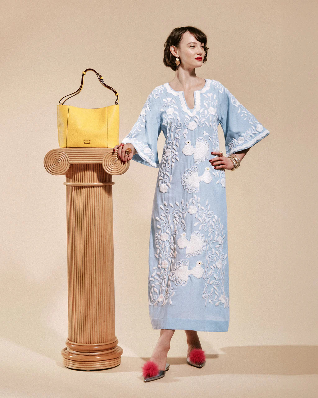 Embroidered Peacock Charming Caftan - Light Blue/Oyster | Frances Valentine