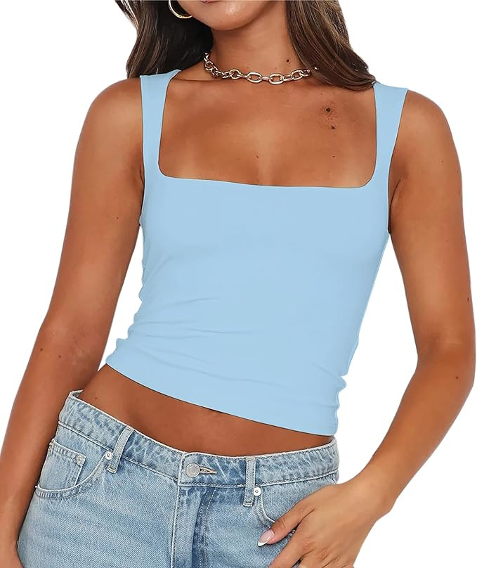 BAIGRAM Women’s Strappy Trendy Scoop Neck Crop Tank Tops Sleeveless Form Slim Fit Cami Cropped ... | Amazon (US)