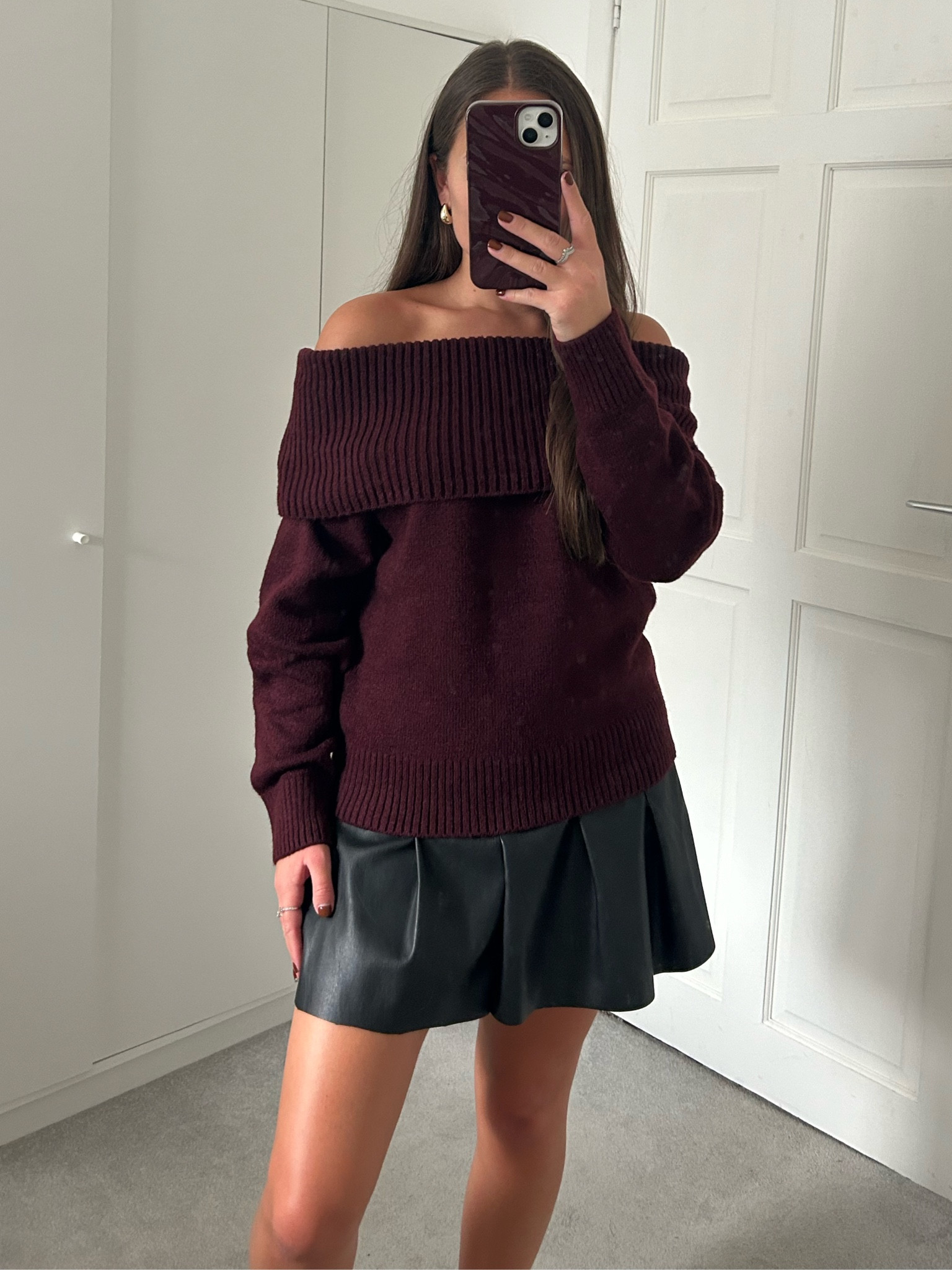 newlook autumn pieces, off the shoulder burgundy knit and leather skirt🖤

#LTKuk #FashionMonth #LTKautumn