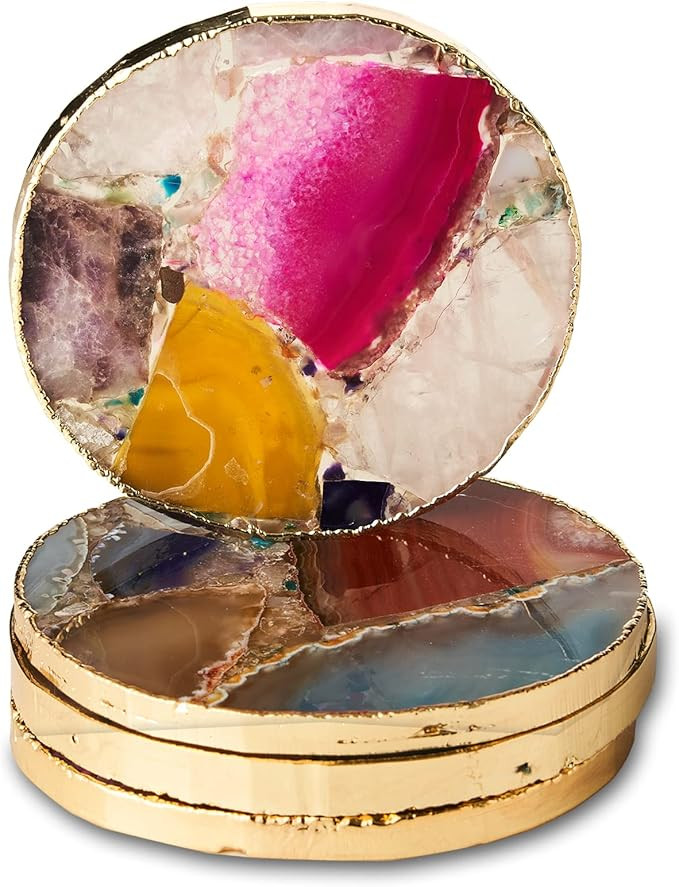 Rainbow Agate Coasters Set of 4, Natural Crystal Coaster for Drinks, Geode Coasters with Gold Edg... | Amazon (US)