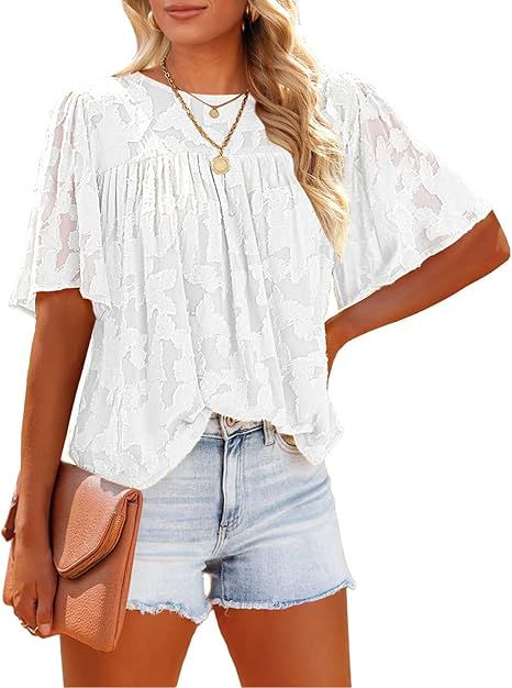 luvamia Babydoll Tops for Women Bell Sleeve Blouses Floral Textured Flowy Shirts | Amazon (US)