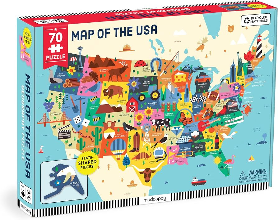 Mudpuppy Map Of The USA \u2013 70 Piece Geography Puzzle with State-Shaped Pieces and Iconic Land... | Amazon (US)