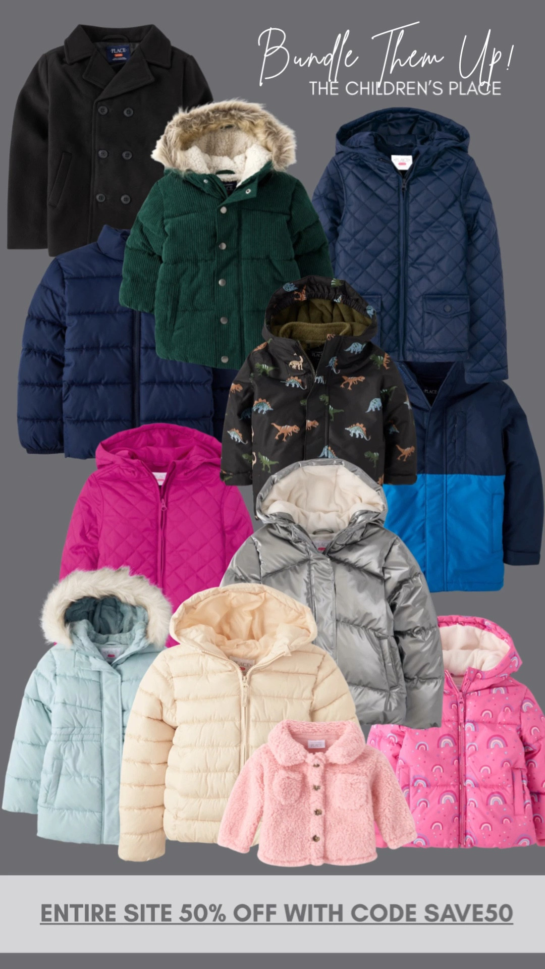 Bundle Up! 🧤 Get 50% OFF the entire site at The Children's Place with code SAVE50! Shop all the best winter coats, puffer jackets, peacoats, parkas, and faux fur hoods. Perfect for kids & toddlers! Winter fashion, warm jackets, cold weather gear.
Today only!  Extra 10% off from LTK app!

#12daysofltk #thechildrensplace #wintercoat #kidsjackets #pufferjacket #coldweather #salealert @childrensplace

#LTKKids #LTKHoliday #LTKSaleAlert