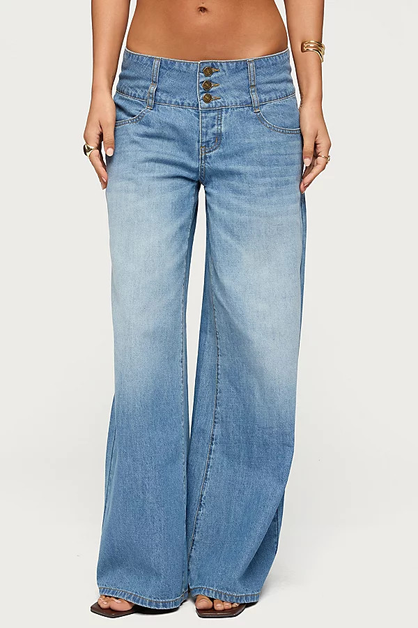 Edikted Wide Waistband Low Rise Baggy Jeans in Light/Blue, Women's at Urban Outfitters | Urban Outfitters (US and RoW)